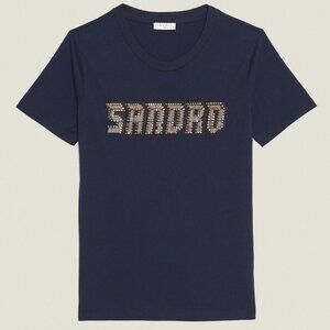 Sandro T-shirt lettering trimmed with studs French Size 4 / XL Navy blue graphic